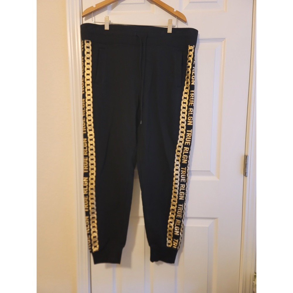 True Religion Man SZ Large Jogger Pant Logo Black gold NWT (F)